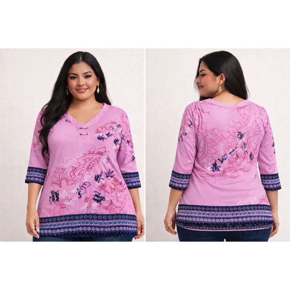 JM Collection Pink Paisley Boho Tunic Top Cut-Out Neck M